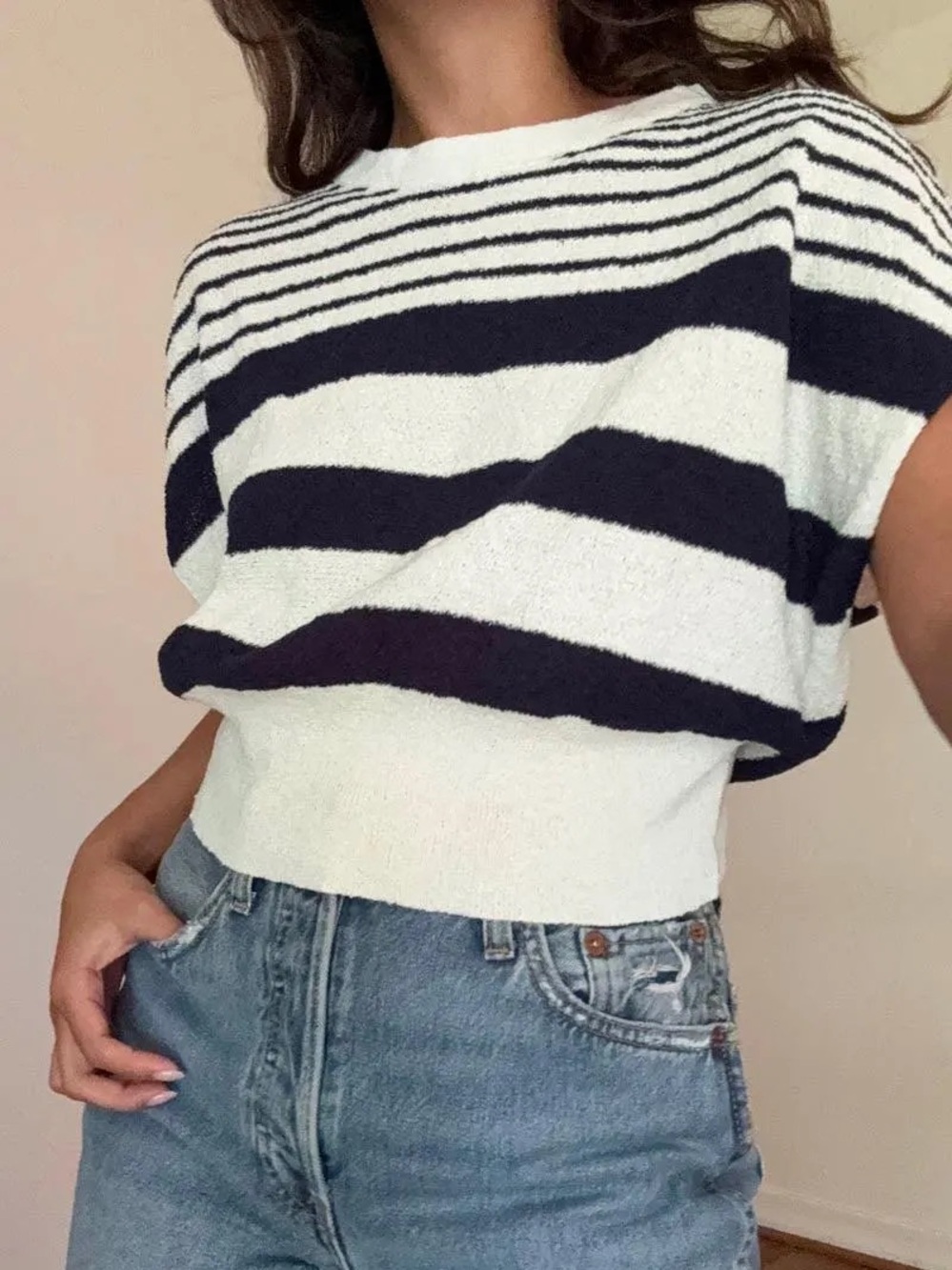 Zara Navy & Cream Striped Crewneck Sweater
